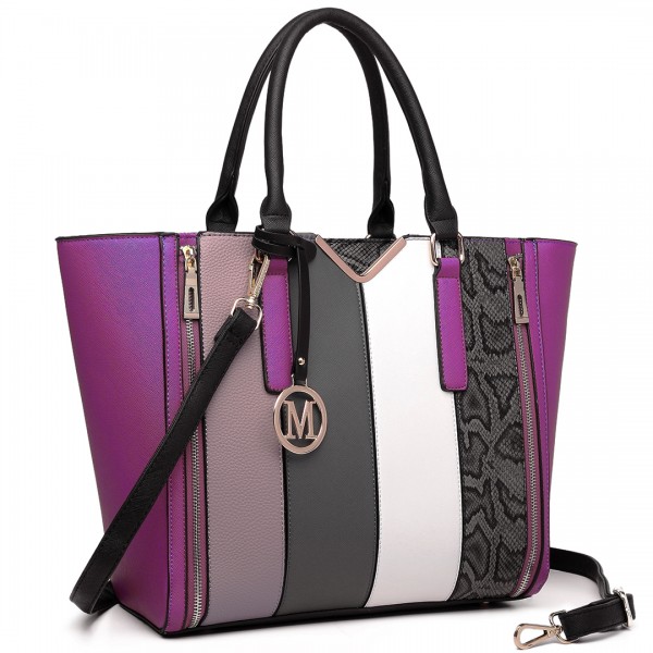 LT6624 - Miss Lulu Panelled Stripe Design Tote Handbag Purple